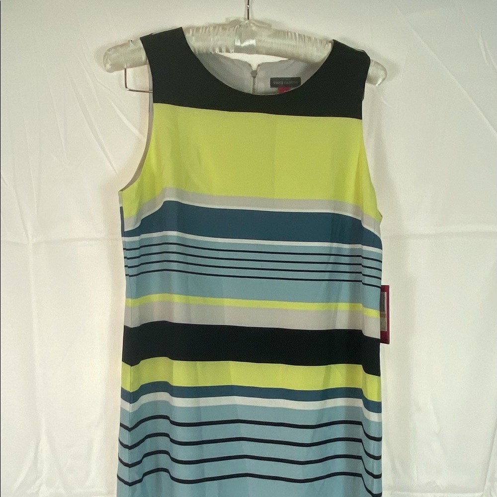 NWT Vince Camuto Aqua Sphere Teal Yellow Gray Black Stripe Mini Sleeveless Dress